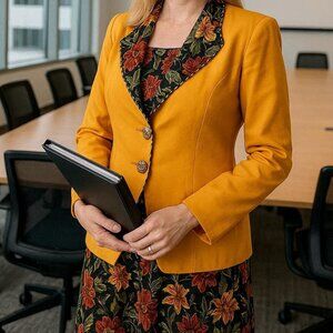 Vintage 80's 2 Piece Floral Skirt and Goldenrod with Trim Blazer Suit Set - 10